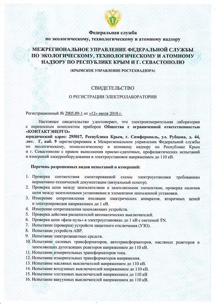 Документ электролаборатории Контактэнерго — страница 1